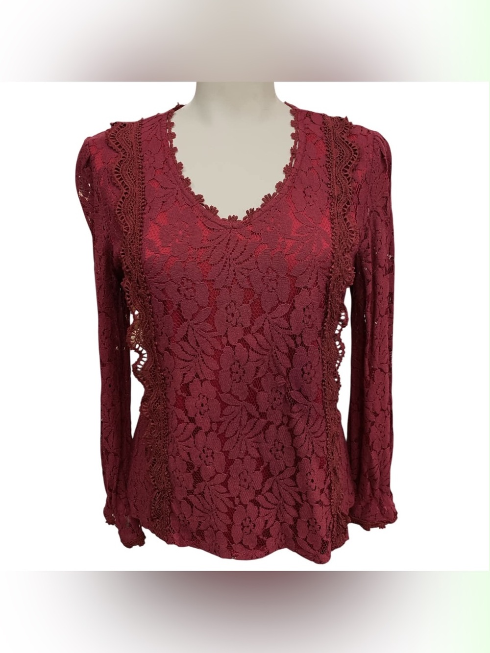 Lace V-Neck Long Sleeve Top - Burgundy Size M